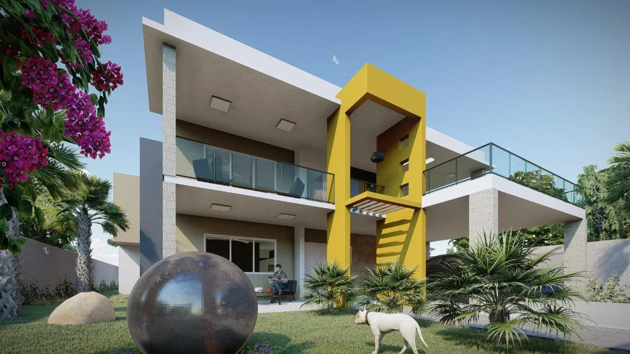 Vivienda contemporánea de dos niveles con volumen amarillo · Render arquitectónico