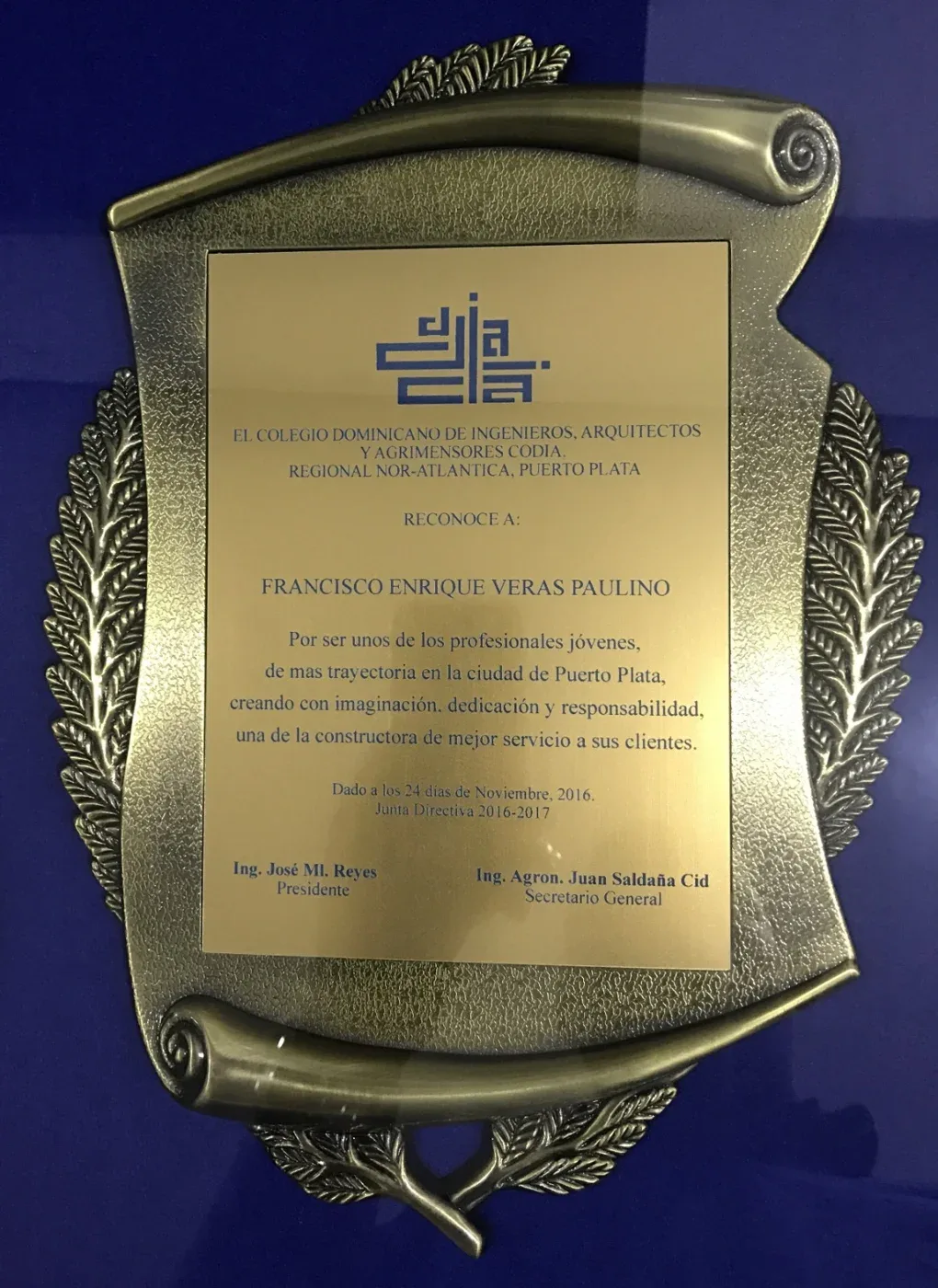Reconocimiento del CODIA Regional Nor-Atlántica a Francisco Enrique Veras Paulino, 2016